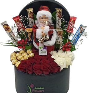 Santa Claus Round Leather Gift Box with Roses and Chocolates (code205)