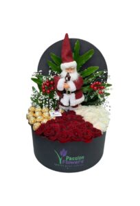 Round Gift Box with Santa Claus, Assorted Flowers and Ferrero Rocher (code152)